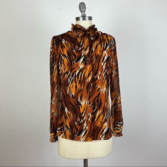Julie Brown Tie Neck Tiger Print Button Front Blouse - Picture 1 of 7